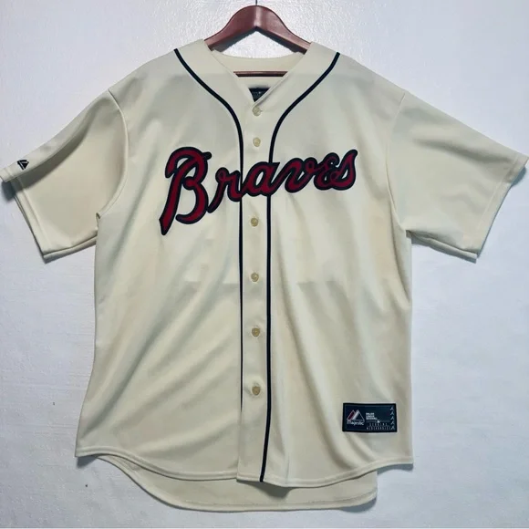 Majestic Braves Cream Short-Sleeve Baseball Jersey - Picture 1 of 6